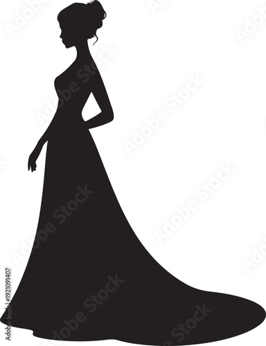 A graceful black silhouette of a woman wearing a long flowing evening gown with an elegant updo is featured