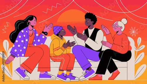 Diverse group of friends high fiving together on couch