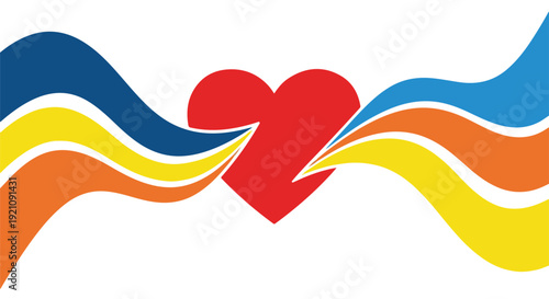A red heart surrounded by colorful wave-like patterns