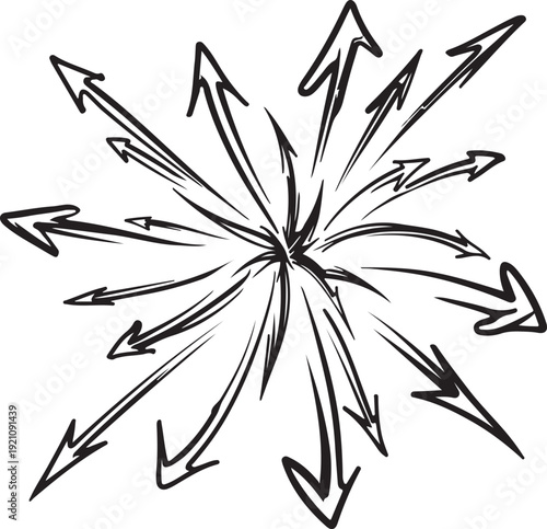 Explosive outward arrows radiating from a central point in a hand-drawn style Vector