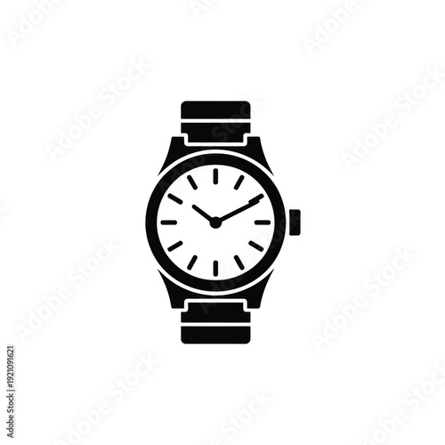 Simple black and white illustration of a wristwatch on a plain background.