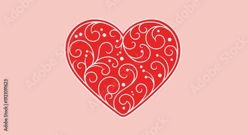 A red heart with white floral swirls on a soft pink background