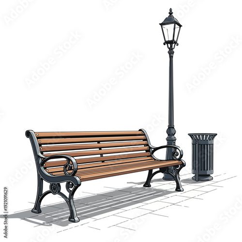 Urban Park Bench with Street Lamp and Trash Can