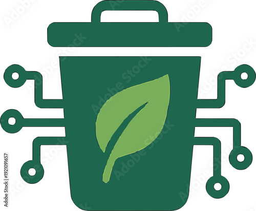 Smart Waste Management Icon with Green Leaf and Circuit Connections
