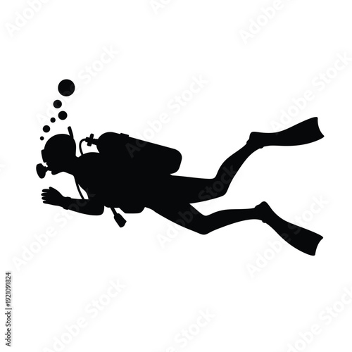 Silhouette of a scuba diver swimming underwater with bubbles rising