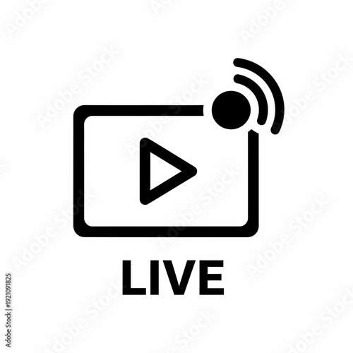 Live streaming icon with play button and signal waves, representing online broadcast, real-time video and event streaming, vector graphic