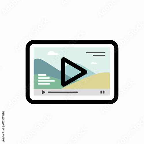 Tablet screen displaying a landscape video with play button and timeline, representing on-demand content and digital media consumption, vector illustration
