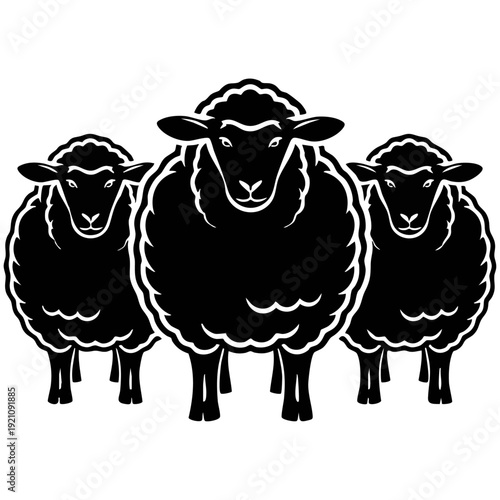 Three Sheep Silhouette Vector - Woolly Farm Animal Trio Woodcut Art Illustration