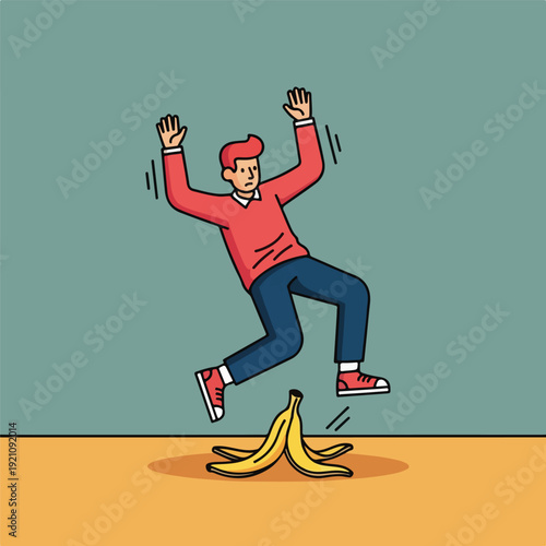 Man slipping on banana peel cartoon accident