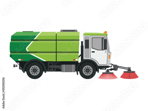 A green street sweeper truck with red brushes on a white background.