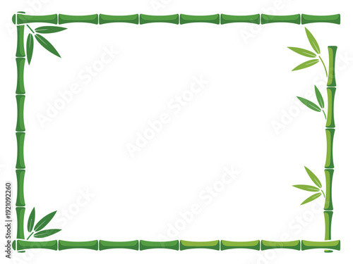 A rectangular frame made of green bamboo sticks with leaves on a white background.