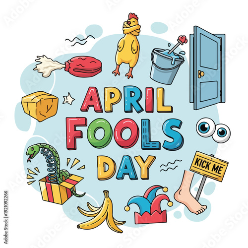 April Fools Day colorful illustration with prank items