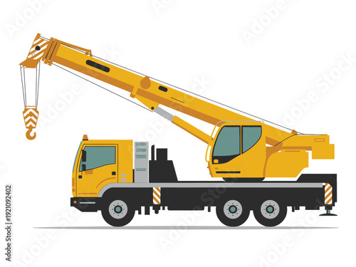 A yellow mobile crane with a long boom and black chassis is depicted.