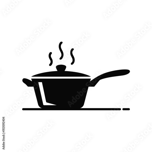 A simple black silhouette of a saucepan with a lid and steam rising from it on a white background.