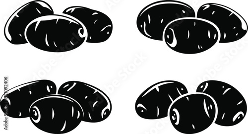 Black mushroom silhouettes collection, edible champignon fungi isolated food illustration set for organic cooking design