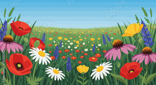 Vibrant Field of Wildflowers and Poppies.