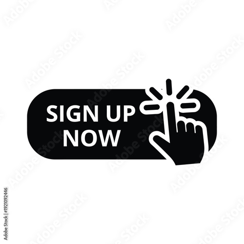 Vector illustration icon black sign up now button with hand icon