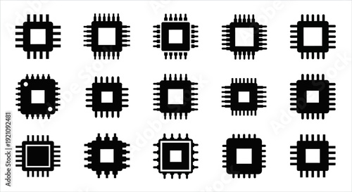 A collection of various computer processor and microchip icon silhouettes on a white background, showcasing different types of CPU, chipset, and microprocessor designs in a flat lay