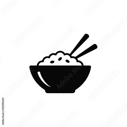 A simple black and white illustration of a bowl of rice with chopsticks.