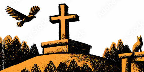 A bird flies near a cross atop a building with a cat nearby