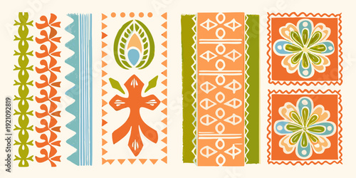 Four colorful vertically oriented folk art patterns displayed in a row
