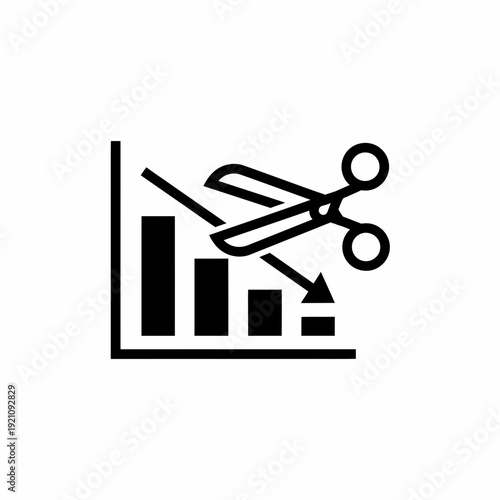 Scissors cutting down a descending bar graph, representing cost reduction, financial loss decrease, and budget cuts in a simple icon style.