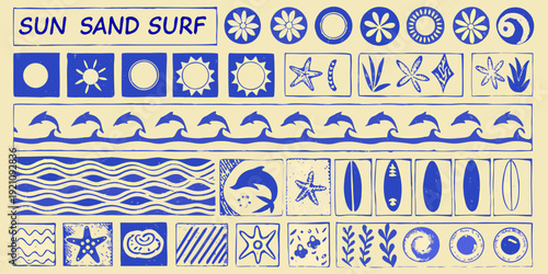Vintage style sun sand and surf themed pattern with nautical elements