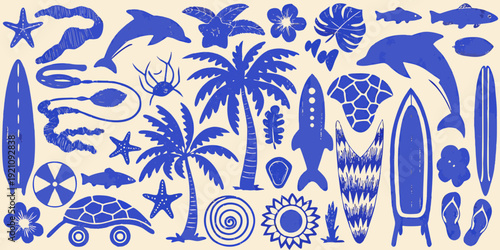 Blue silhouettes of marine life tropical plants and surfing essentials