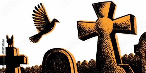A dark illustration featuring a dove gravestones and a rock symbol