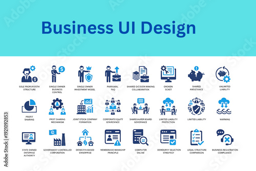 Comprehensive business people and corporate structure icon set. Sole proprietor, joint stock, government controlled, membership principle, registration