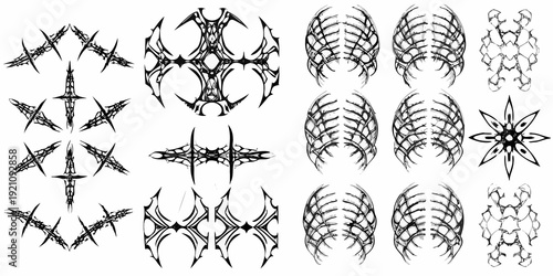 Abstract black and white geometric patterns arranged in a grid layout