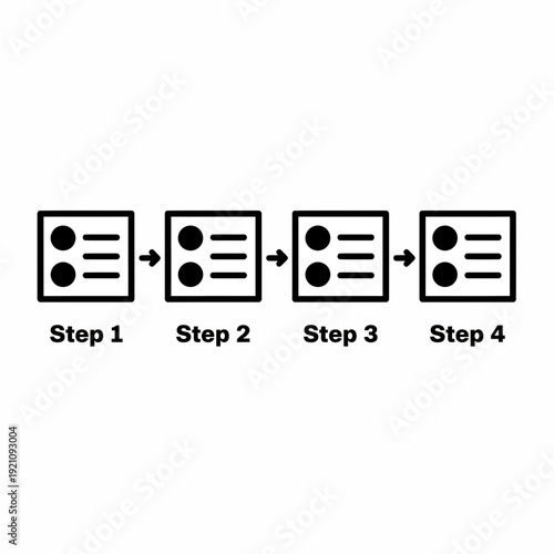 Four-step process illustration with arrows, showing sequential progress from Step 1 to Step 4.