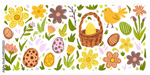 Colorful easter illustration featuring flowers a bird and decorated eggs