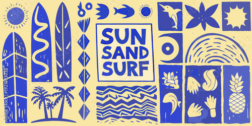 A vibrant retro style collage featuring summer icons and bold typography