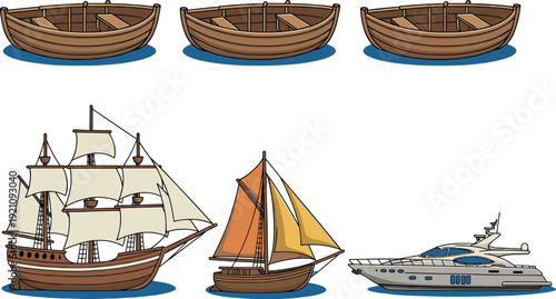 Collection of wooden boats, sailing ships and luxury yacht vector illustration isolated on white background, maritime transport set