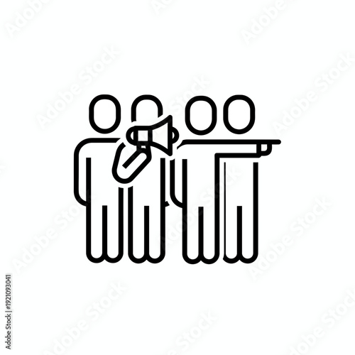 Group icon with a megaphone and pointing leader, signifying communication, announcement, or guidance.