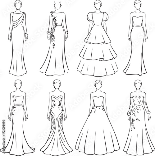 Elegant collection of eight black and white fashion sketches showing various womens evening gowns and dresses