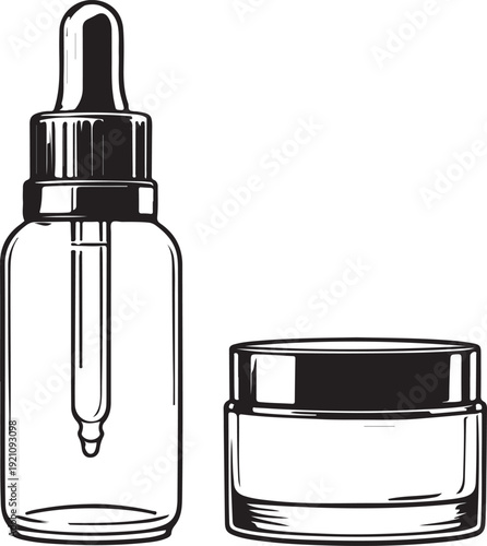 Clear glass dropper bottle and circular jar with black caps displayed side by side Vector