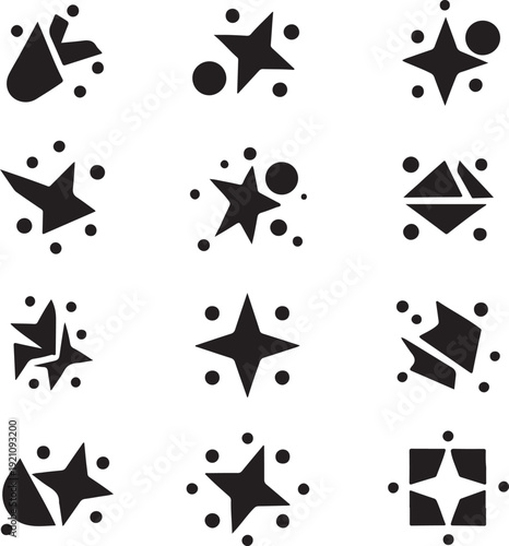 Geometric shapes composed of smaller dots and interconnected lines forming star and polygon patterns Vector