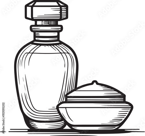 Elegant bottle and small dish illustration with a classic design aesthetic Vector