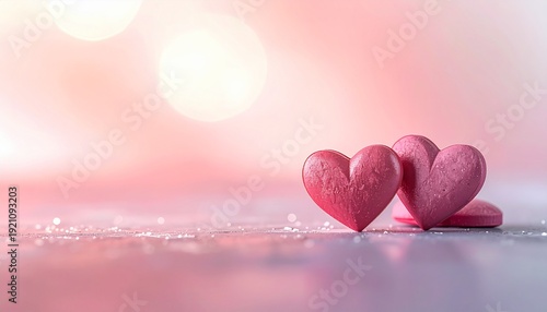 Pink Hearts on Beach at Sunset.