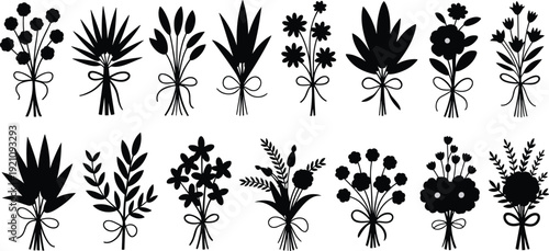 Floral bouquet silhouettes collection, black flower arrangements with leaves and ribbons isolated botanical vector illustration set