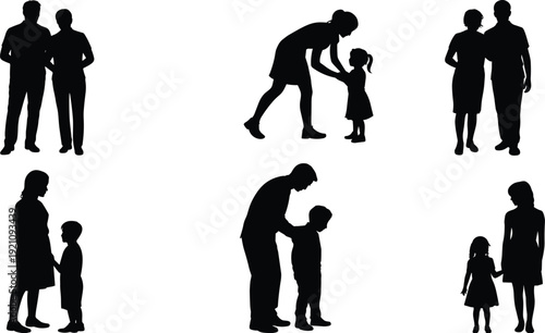 Family silhouettes collection featuring parents and children, mother daughter and father son bonding moments in loving relationships supportive family