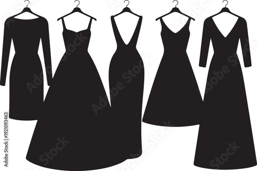Five different black womens formal dress silhouettes, including long sleeve and sleeveless styles, hang on hangers