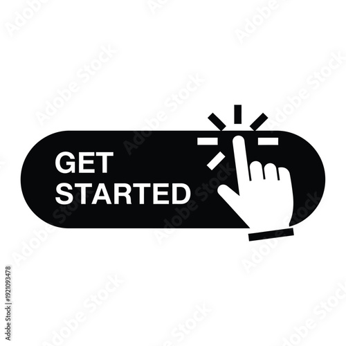Vector illustration icon black button with white get started text and hand cursor icon