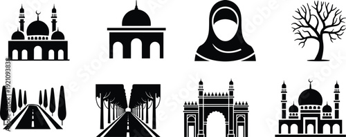 Islamic landmarks and cultural symbols silhouettes collection, mosque arch monument hijab and road vector illustration set