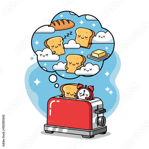 A smiling toaster dreams of happy bread, butter, and clouds