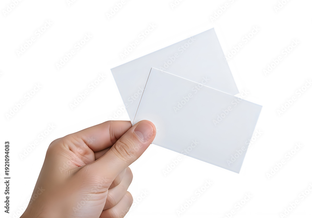 Fototapeta premium A hand holding two white cards isolated on transparent background