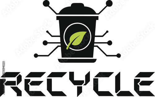 Futuristic Recycle Technology Logo with Digital Waste Bin and Eco Leaf