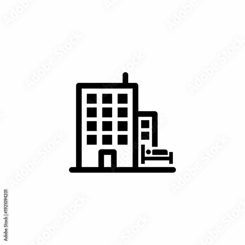 Vector illustration of a hotel building with windows and a small adjacent room symbol, signifying accommodation and lodging services.